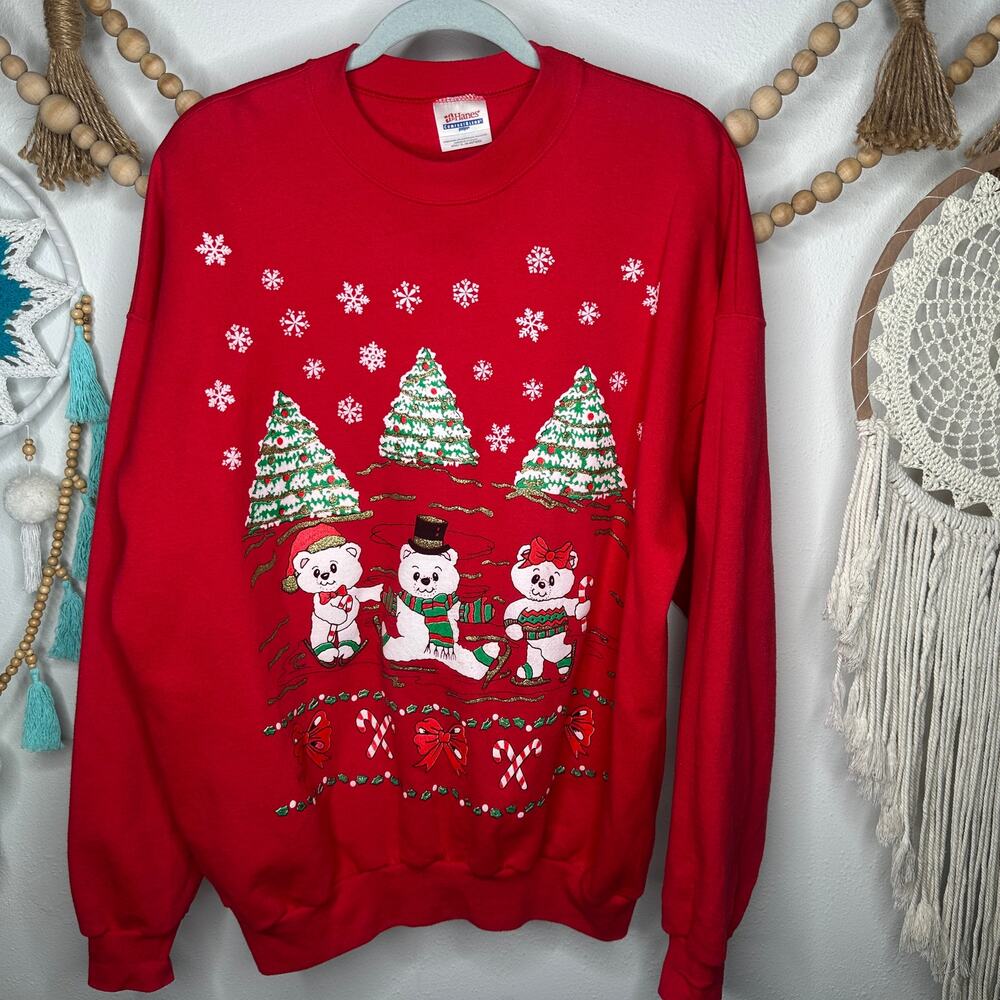 Vintage Hanes Christmas Bear Puffy Graphic Crewneck